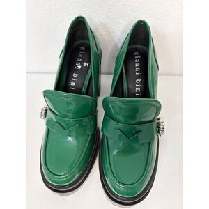 Gianni Bini Green Patent Leather Platform Loafers Block Heel Silver Hardware8.5M